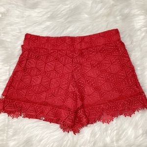 Love Fire Women's Red Elastic Waist  Crochet Lace Scallop Hem Mini Shorts
